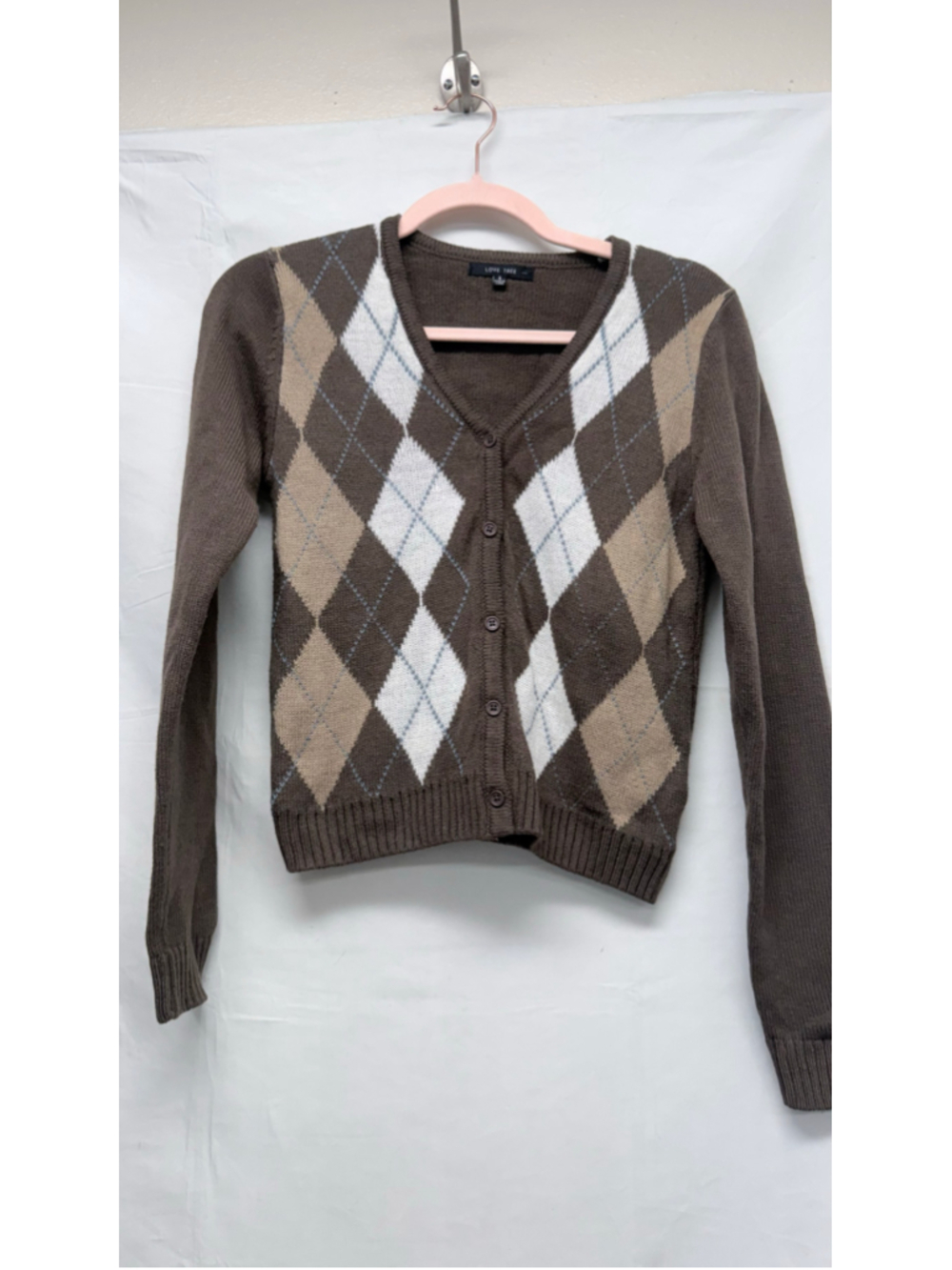 Women's Love Tree Argyle Cardigan Sweater Brown Beige Size S